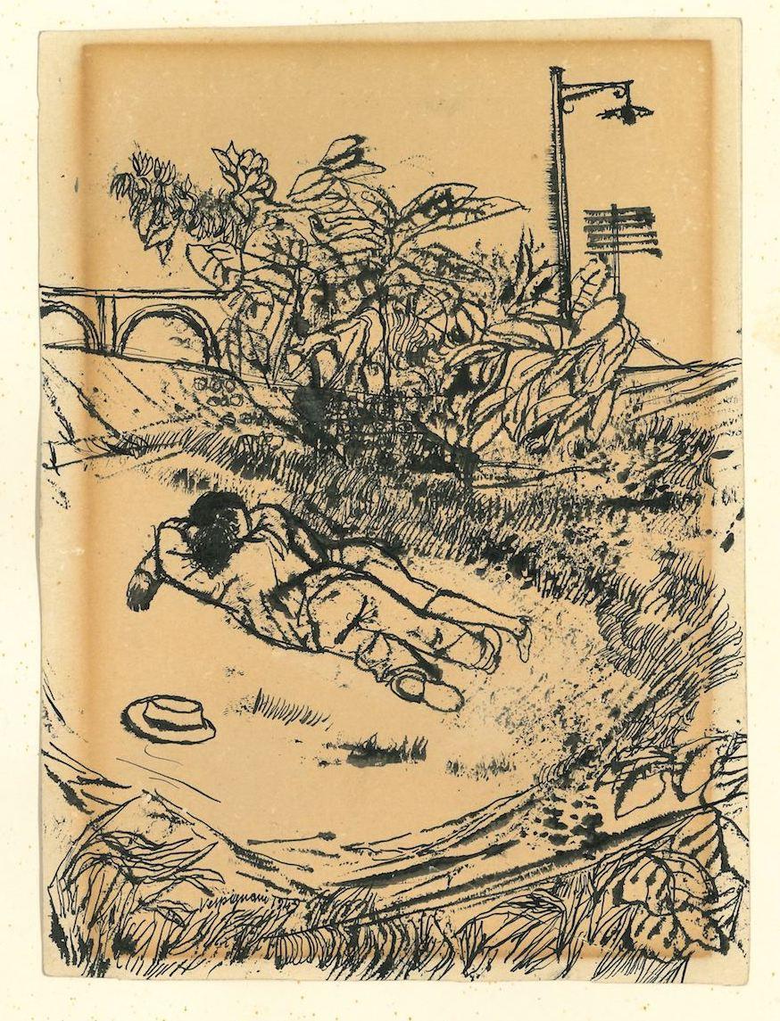 Liebespaar im Garten ist eine Originalzeichnung von Renzo Vespignani aus dem Jahr 1959 mit chinesischer Tinte auf Papier.

Angewandt auf ein Passepartout: 22 x 17 cm.

Sehr guter Zustand.

Das Kunstwerk stellt in einem einzigartigen und