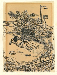 Lovers in Garden - Original China ink by Renzo Vespignani - 1959