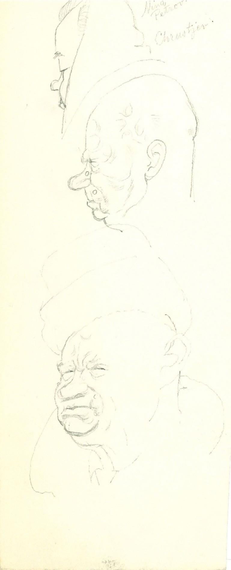 Adolf Reinhold Hallman Figurative Art - Faces - Pencil Drawing by A. R. Hallman - 1963 ca.