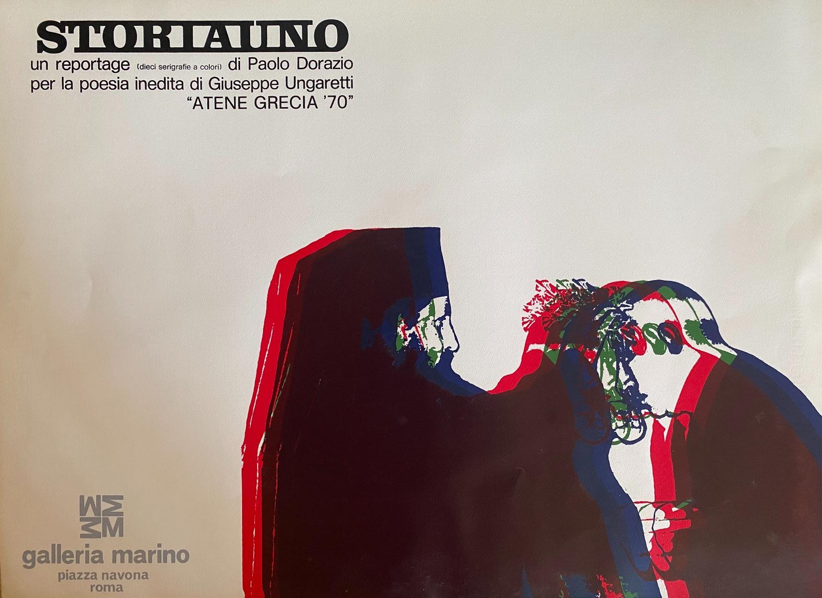 Reportage of Paolo Dorazio is an original serigraph artwork on cardboard realized by Paolo Dorazio in 1970. 

Good condition and aged.

Titled on the top "STORIAUNO" - UN REPORTAGE (DIECI SERIGRAFIE A COLORI) DI PAOLO DORAZIO.

The artwork is the