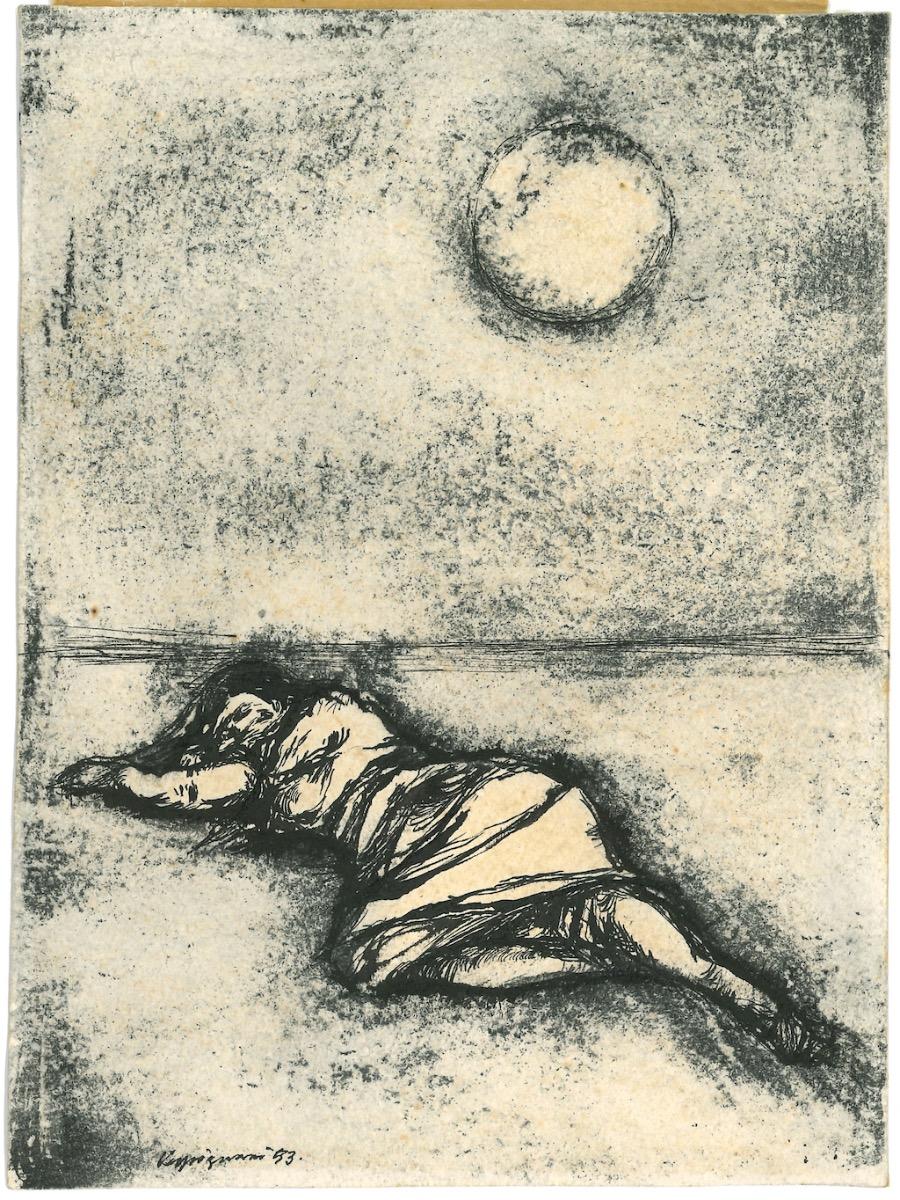 Renzo Vespignani Figurative Art - The Woman under a Full Moon - China ink Drawing by R.Vespignani - 1953