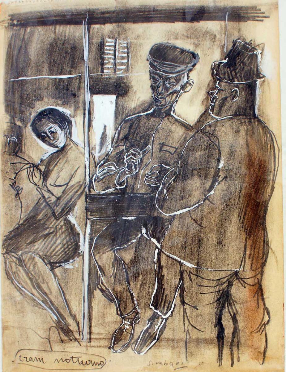 Nachttablett – Bleistift und Holzkohle von Nicola Simbari – Mitte des 20. Jahrhunderts