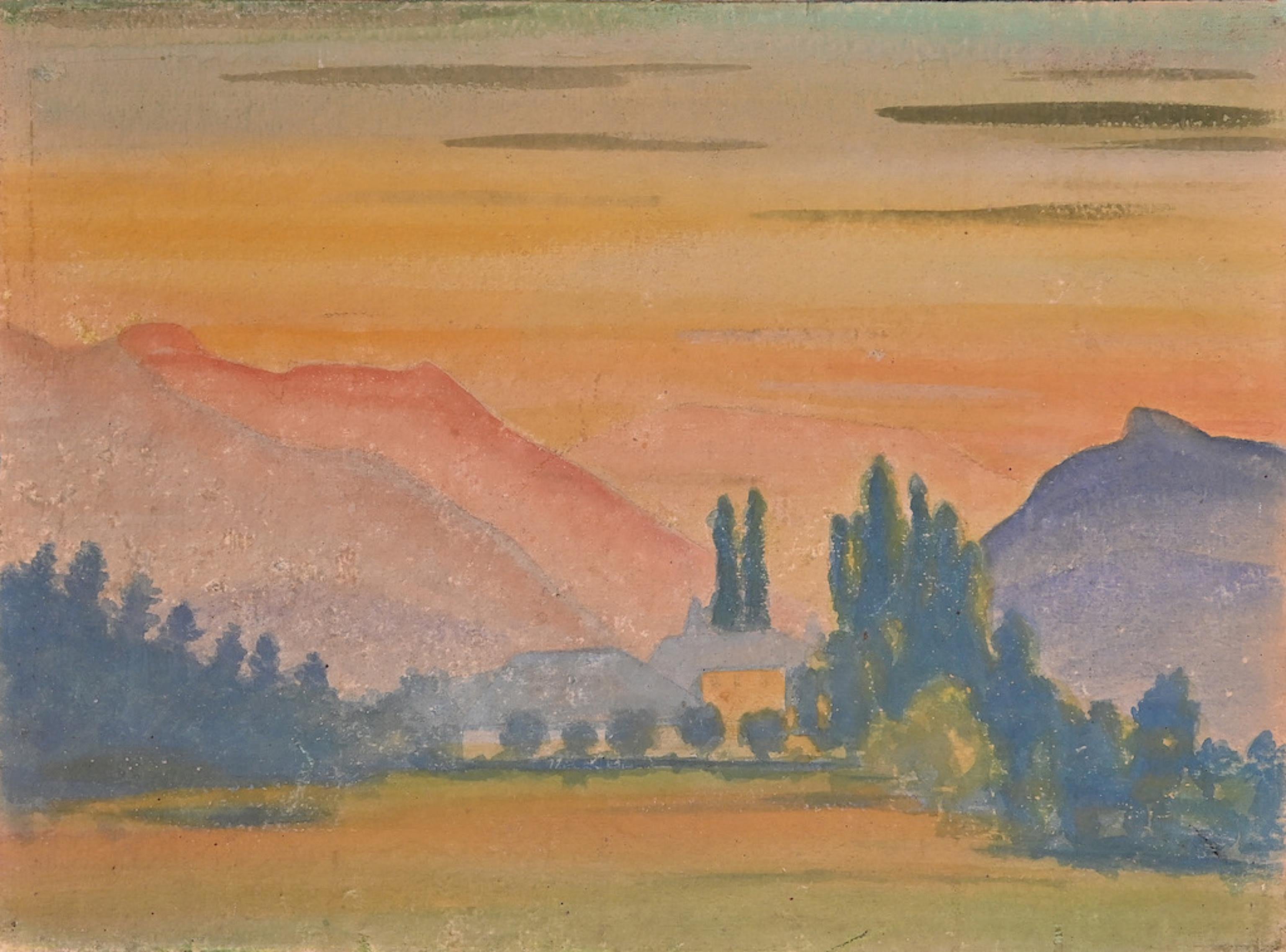 Jean Delpech Figurative Art - Sunset in Mountain - Original Watercolor by Jean-Raymond Delpech - 1943