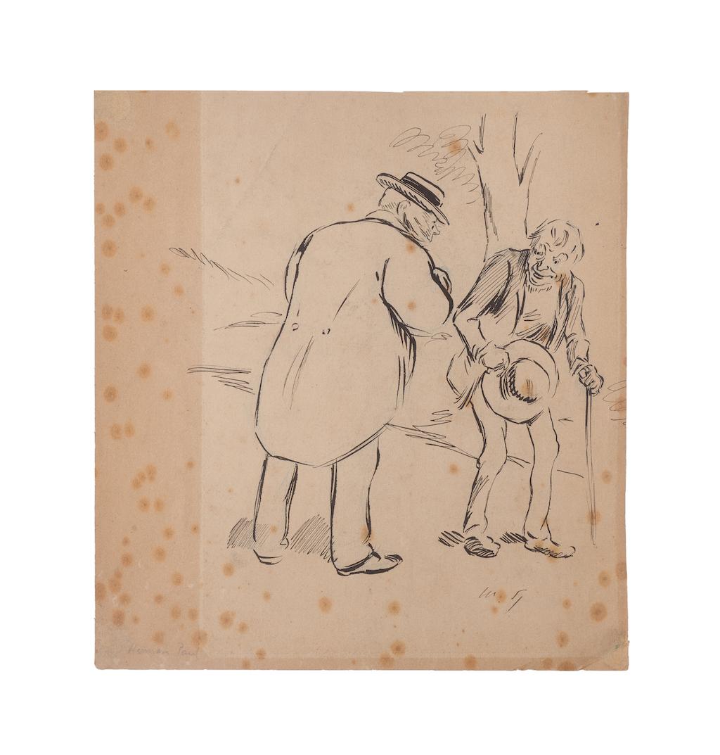 Figures is an original drawing artwork realized in France by Paul Hermann (1879 - 1969).

Two drawings on one sheet, on the rear are study of figures and the front two elderly meeting,

Hand-signed by the artist in pencil on the lower left corne: