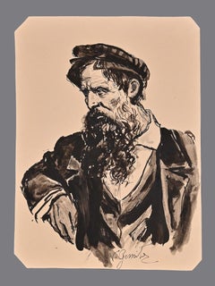 Pensive Portrait - Original Ink by Vincenzo Gemito - Late 19th century