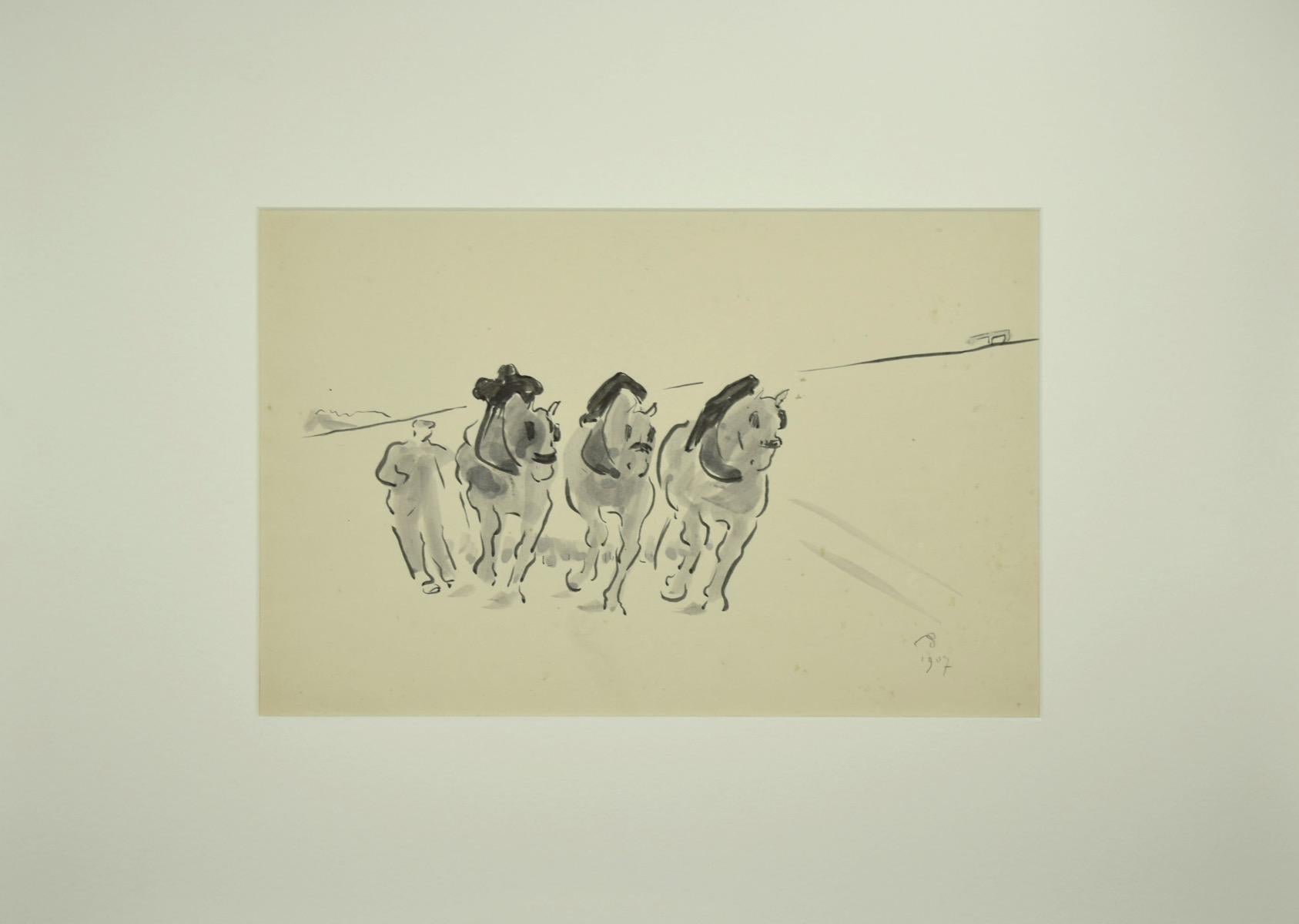 Figurative Art de Unknown - Caballo al trote - Lápiz original - Finales del siglo X