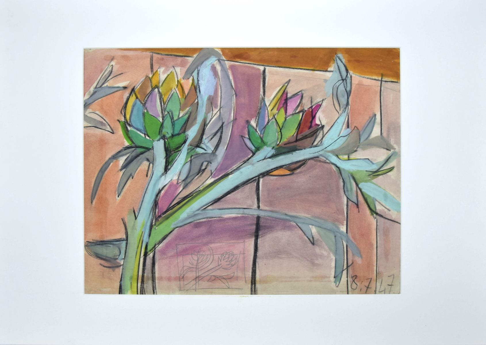 Unknown Still-Life - Tropical Vegetation - Original Pencil and Watercolor - 1917