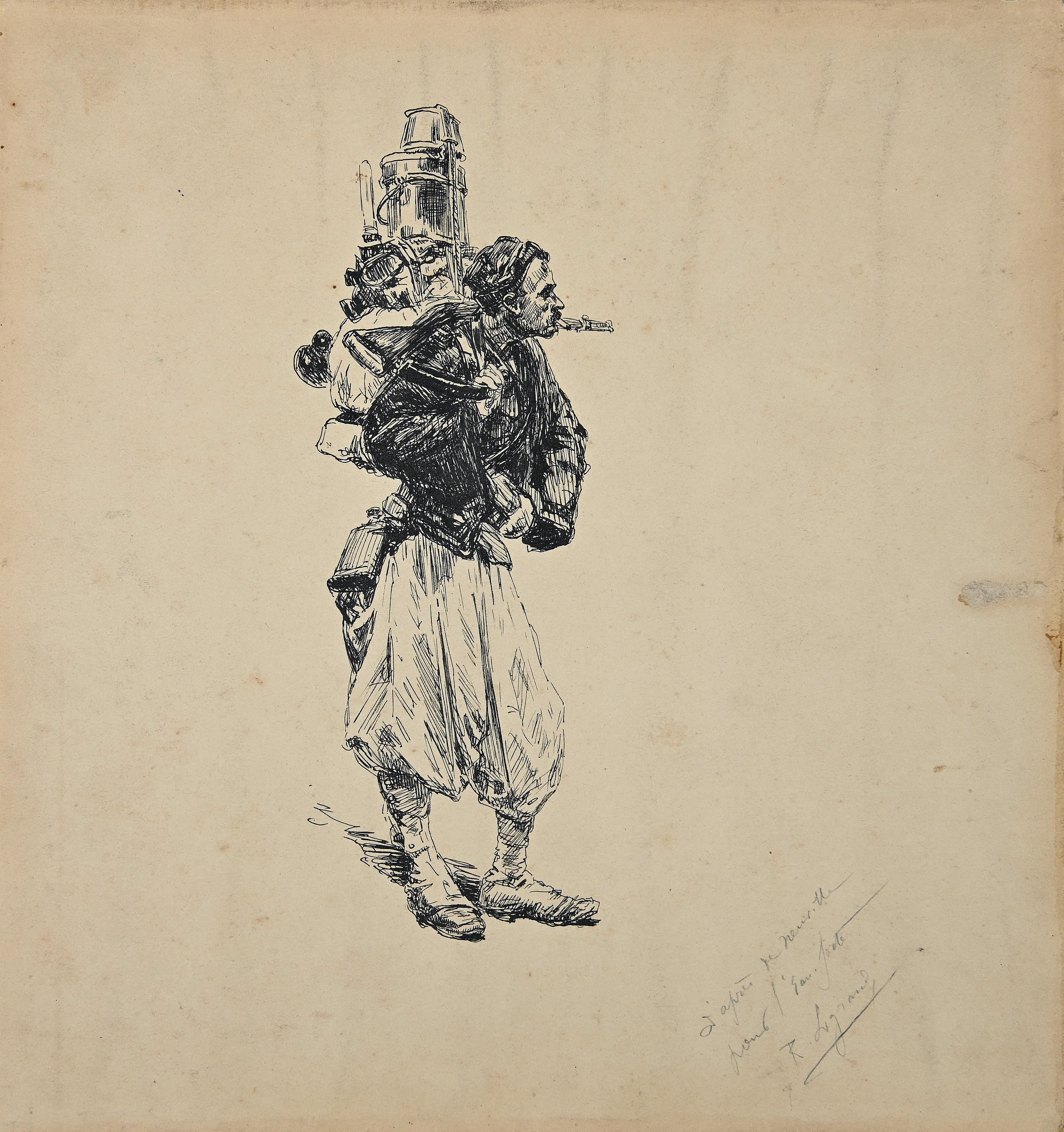 Arab Soldier - Pen Drawing by R. Legrand - 1880