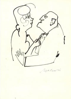 Confidential Look -  Ink Drawing by Mino Maccari - Mid-20th Century