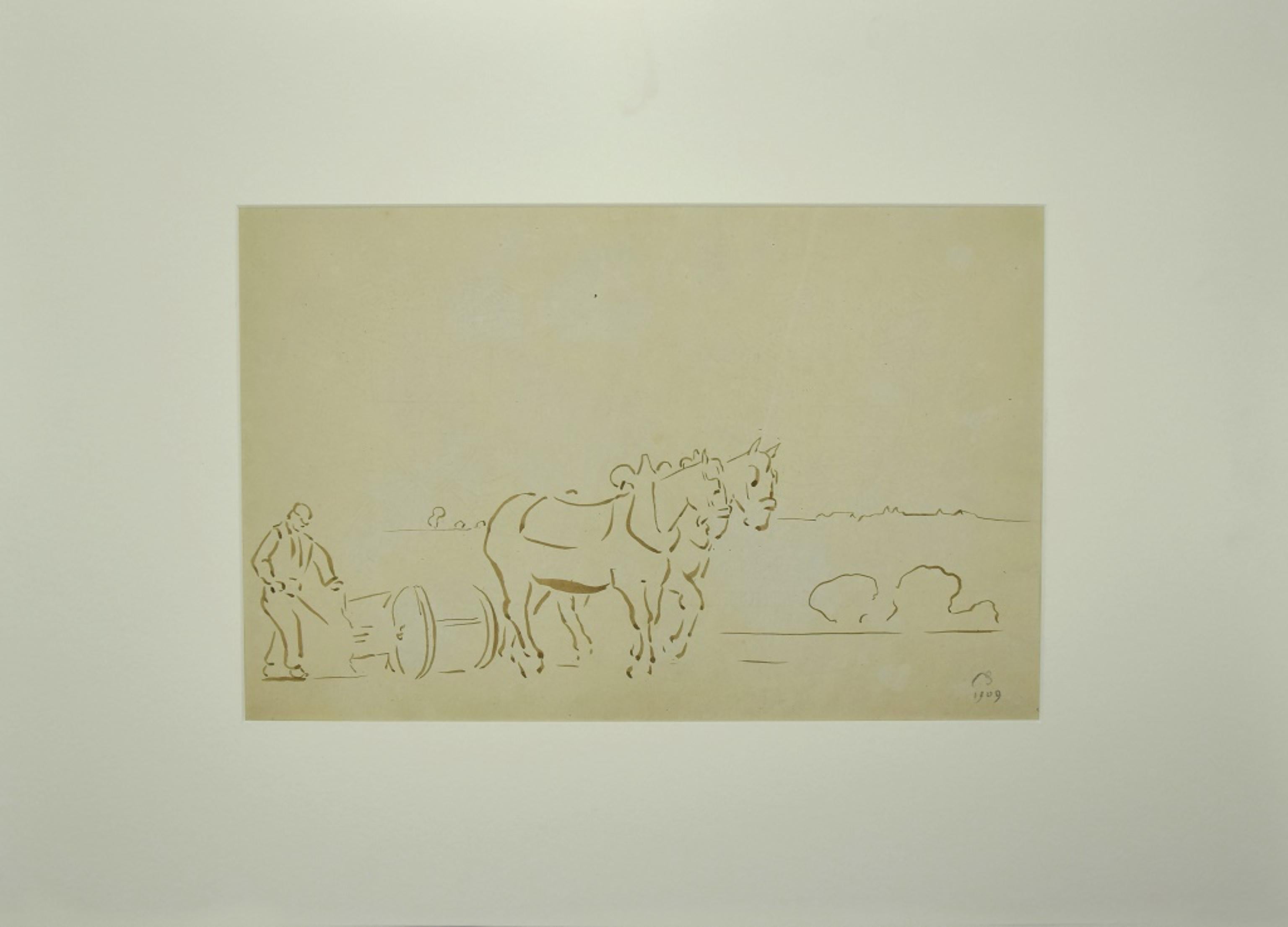 Unknown Figurative Art - Horses with Plough - Watercolor - Late 19th Century