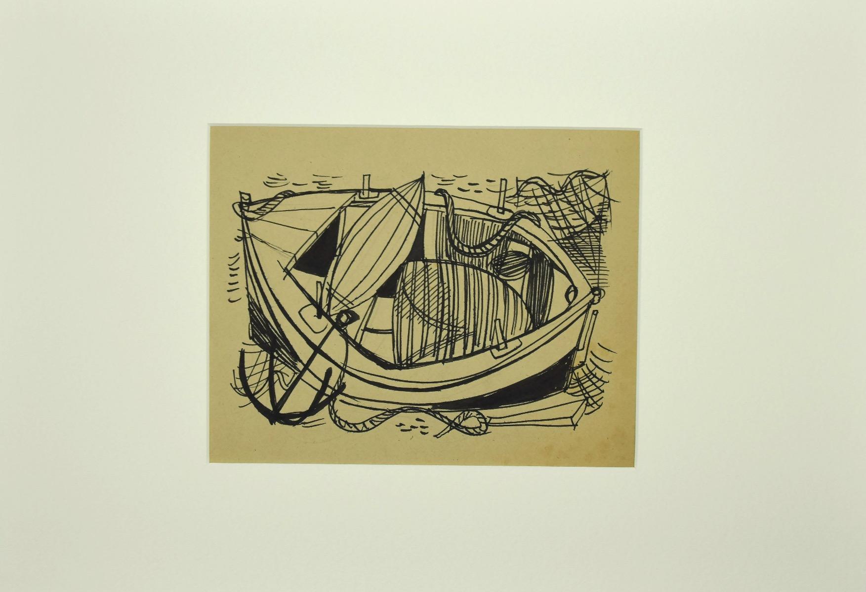 Unknown Figurative Art -  Boat -  Ink - Mid-20th Century