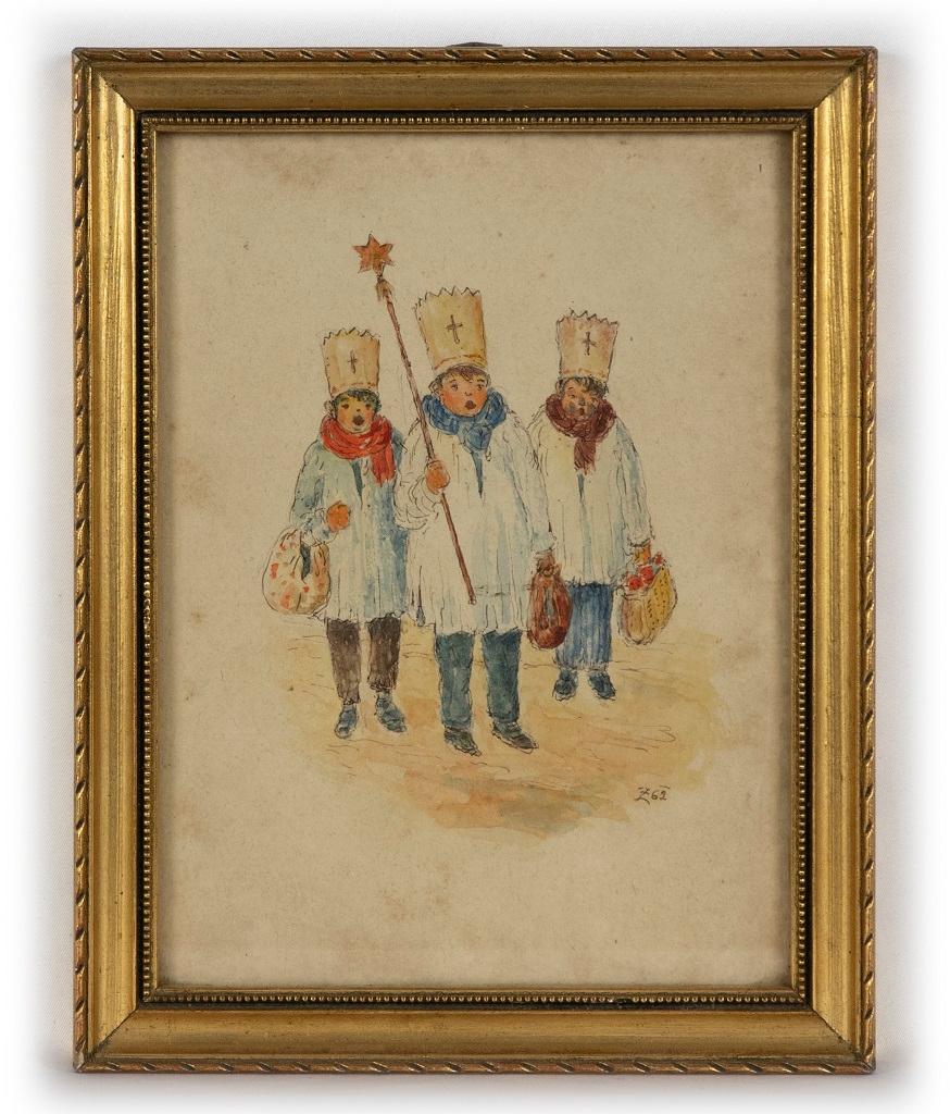 Religious is an original drawing in mixed media, ink and watercolor, by Hetta Hausmann in the mid-20th Century.

The artwork is a colored per and watercolor drawing depicting three religious boys.

Signed on the lower right margin. 

Includes frame: