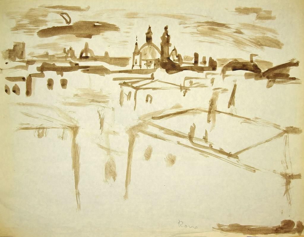 Sight of Rome is a Watercolor realized by Herta Hausmann in the mid-20th Century.

Good conditions on a yellowed paper, tear hatching paper on the left margin.

On the back of the paper there is the stamp of the artist’s atelier.