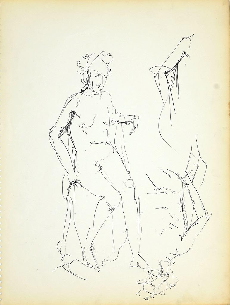 Female Nudity 1 - Original Black Marker Pen on Paper by Herta Hausmann - 1950s
