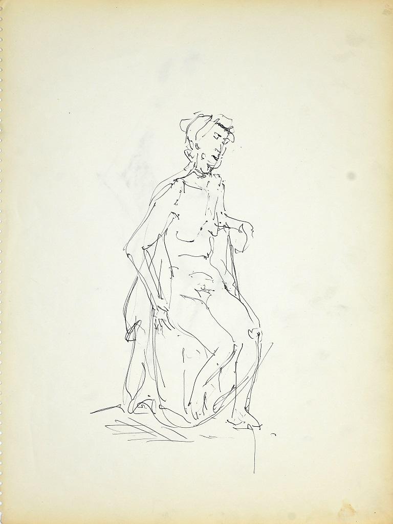 Female Nudity 2 - Original Black Marker Pen on Paper by Herta Hausmann - 1950s