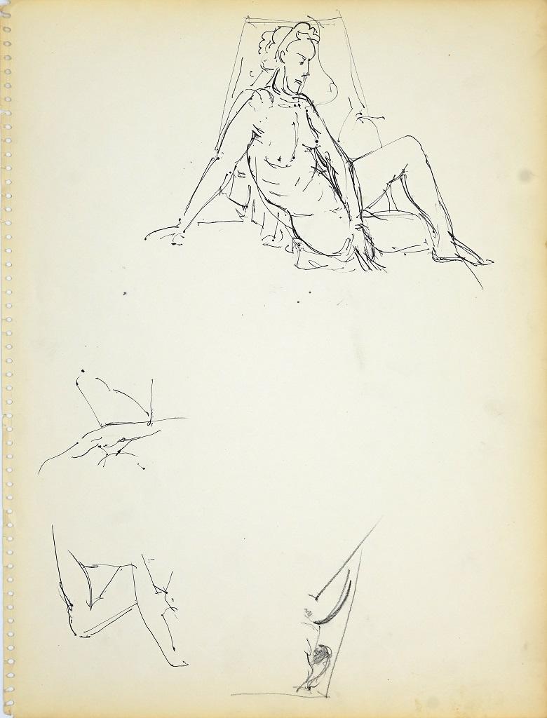 Female Figure 4 - Original Black Marker Pen on Paper by Herta Hausmann - 1950s