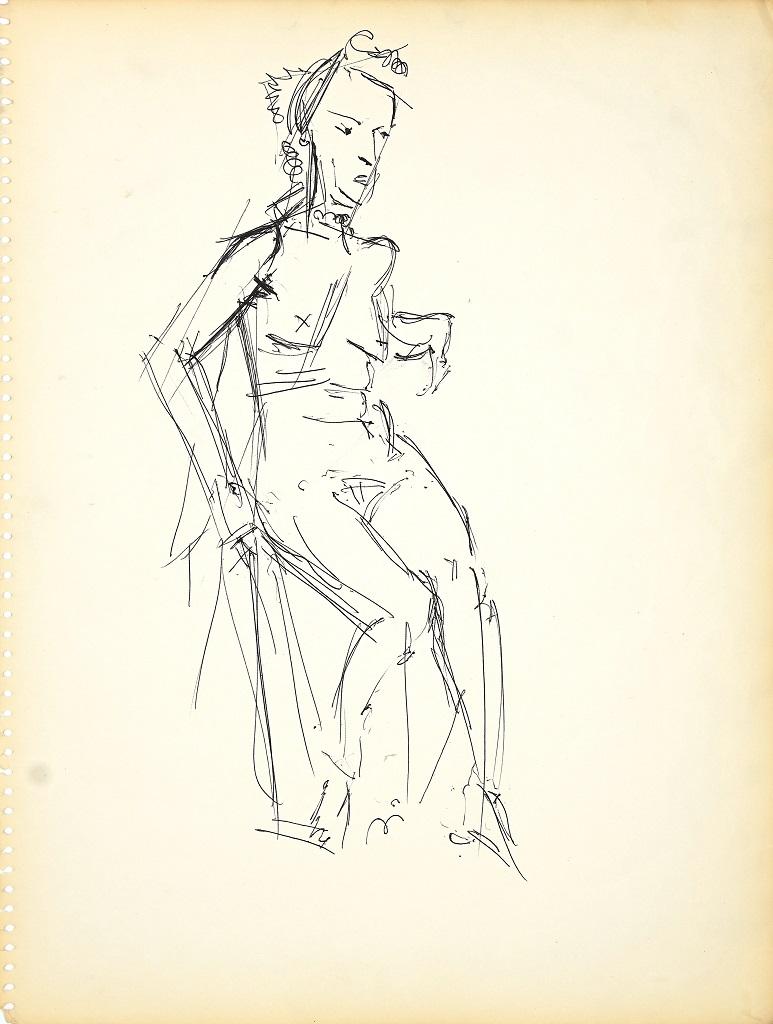 Female Nudity 3 - Original Black Marker Pen on Paper by Herta Hausmann - 1950s