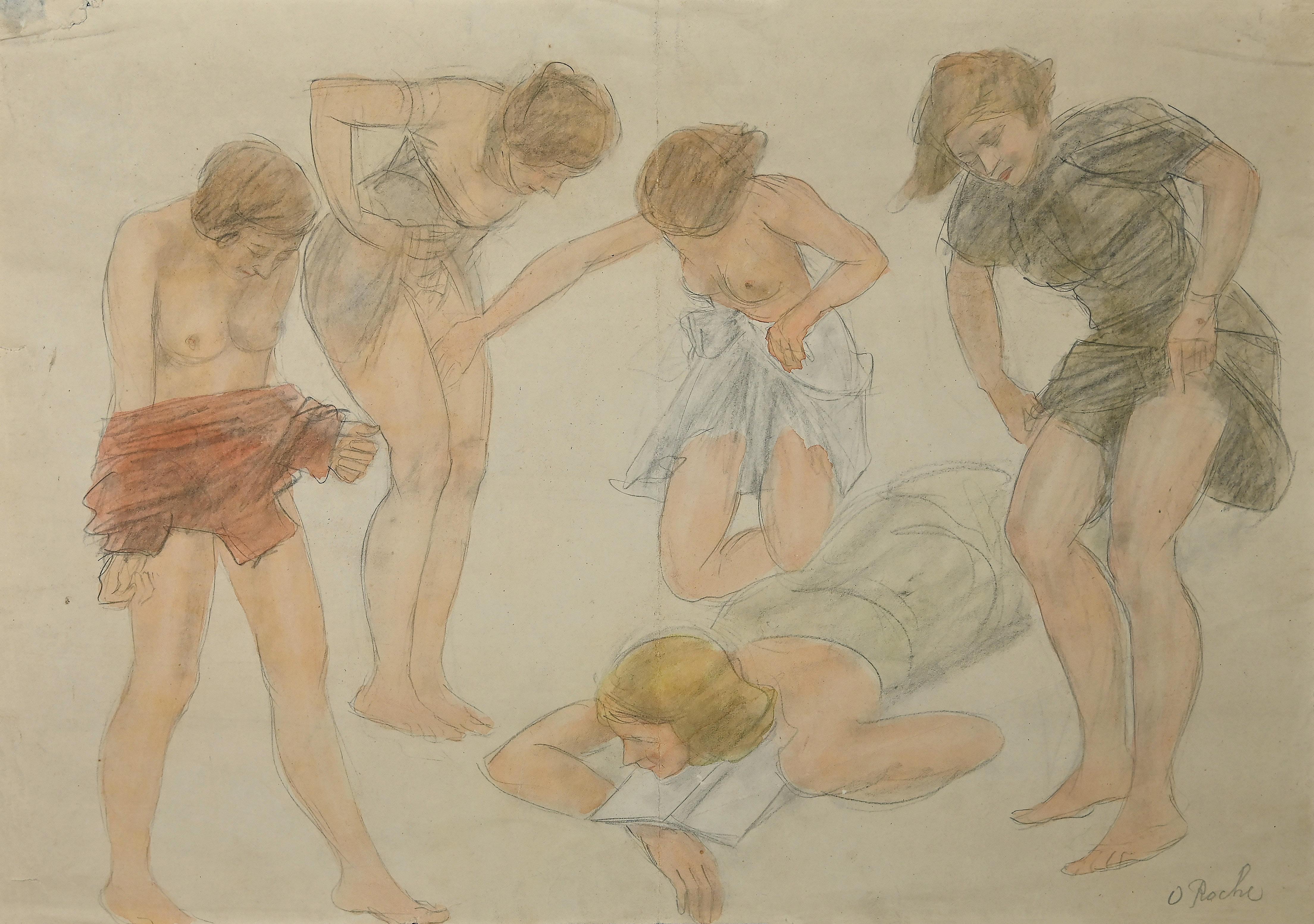 Girls on the Beach is an original Drawing in pencil, pastel and watercolor on paper, realized by O. Roche in 1920.

The artwork is in good conditions except for a worn left margin.

Yellowed paper, hand-signed by the artist on the lower right corner.