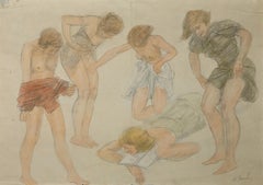 Girls on the Beach - Original Mixed Media Drawing by O. Roche - 1920s