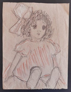 La fille - Crayon et pastels sur papier par O. Roche - Début du XXe siècle