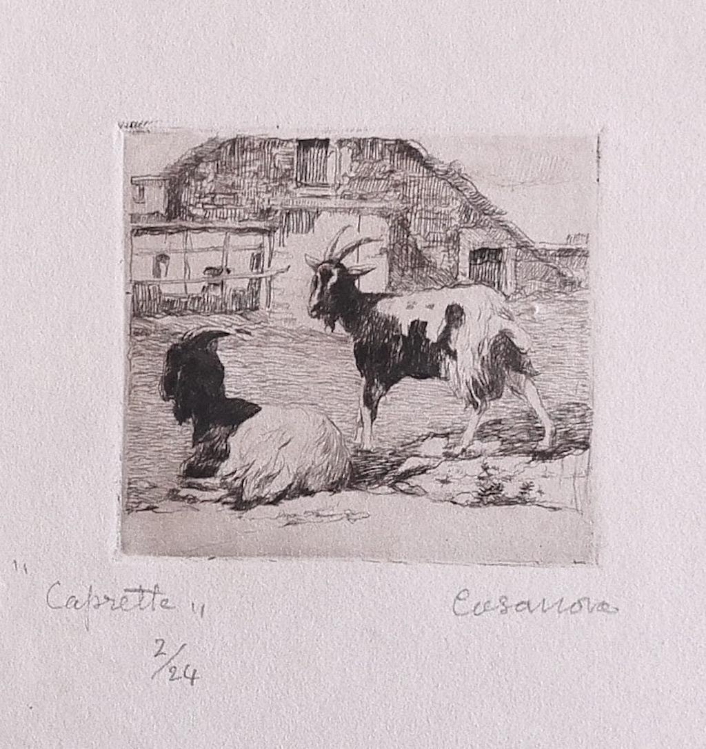 The Goats is an original etching realized by Carlo Casanova.

Hand-signed on the lower right.

Numbered. Edition 2/24.

In good condition but aged.

The artwork represents two goats in a farm the artwork is depicted skillfully through soft strokes