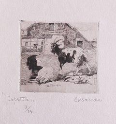 Antique The Goats - Original Etching by Carlo Casanova - Early 20th Century