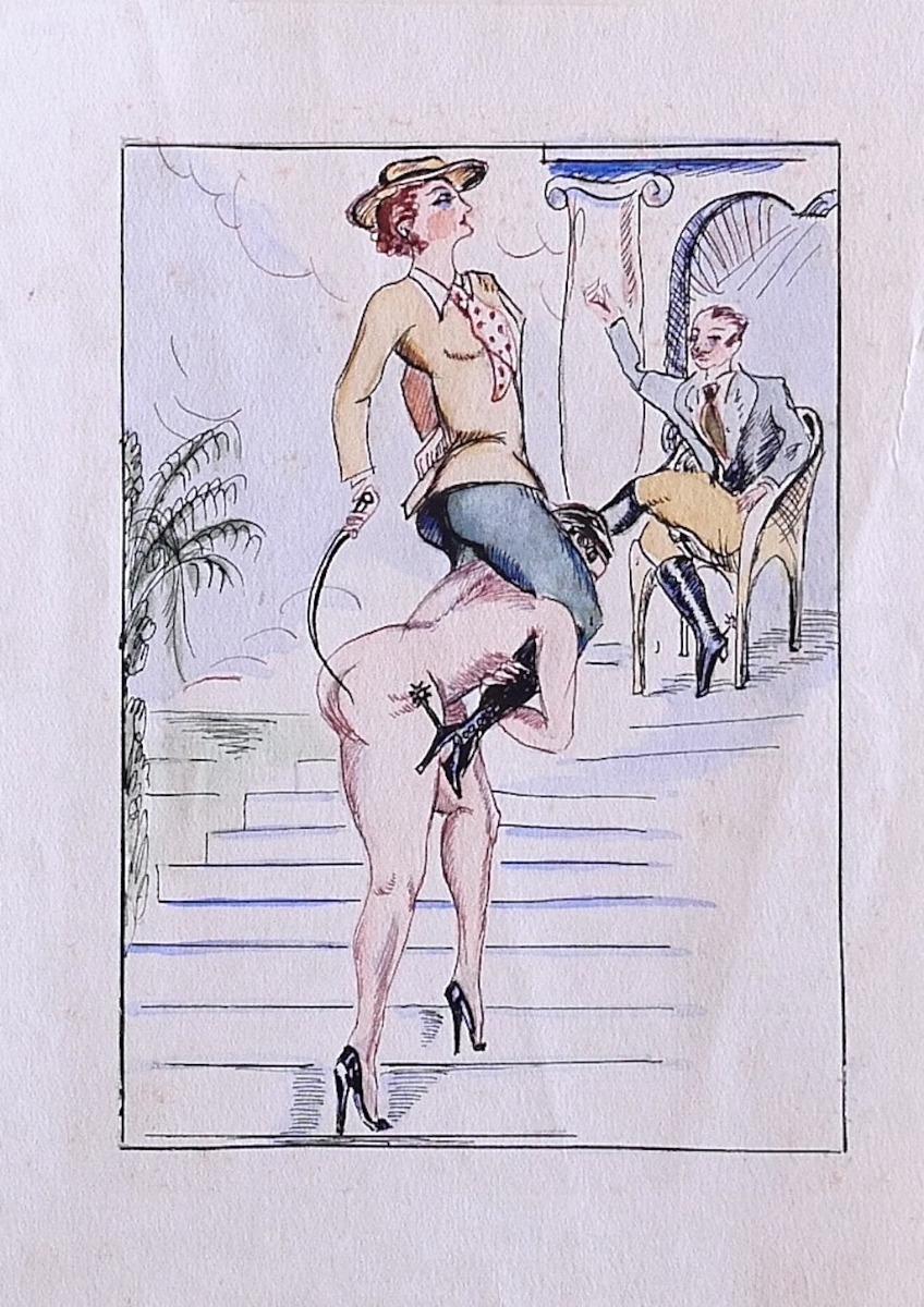Unknown Figurative Art - Sketch for a BDSM Scenography - Ink and Watercolor - Late 20th Century
