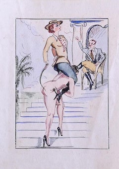 Vintage Sketch for a BDSM Scenography - Ink and Watercolor - Late 20th Century