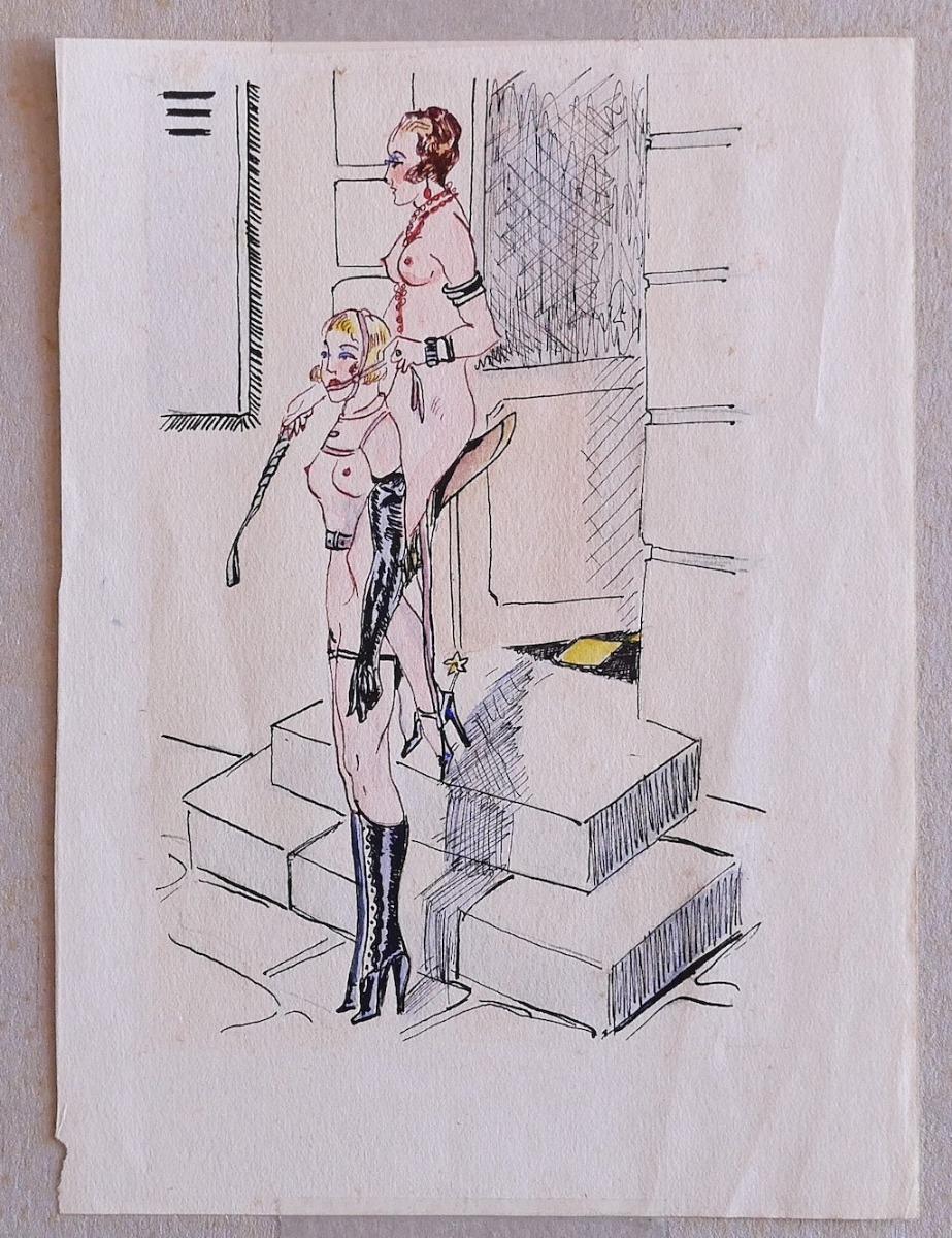 Unknown Figurative Art - Sketch for BDSM Scenography - Ink and Watercolor - Late 20th Century