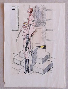 Vintage Sketch for BDSM Scenography - Ink and Watercolor - Late 20th Century