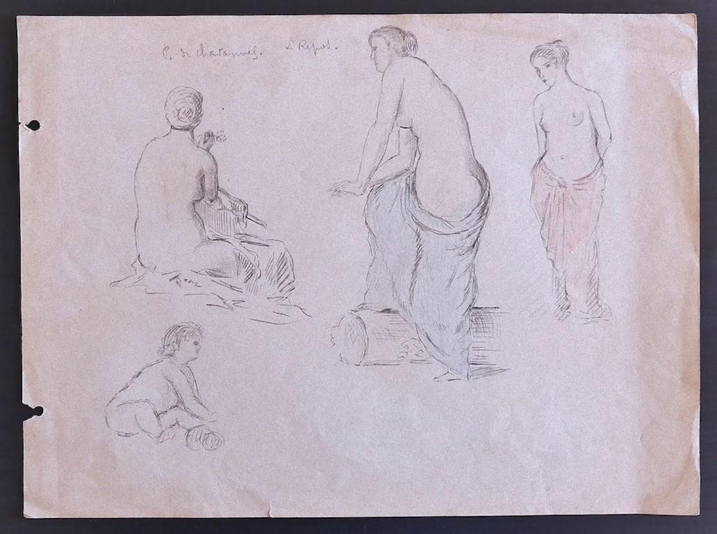 Pierre Puvis de Chavannes Nude - Figures - Original Pencil Drawing by P. Puvis de Chavannes - Late 19th Century