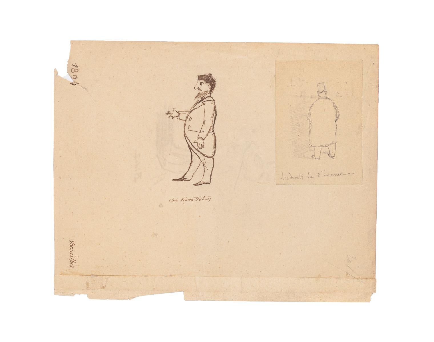 Figurative Art Unknown - Man in Profile - dessin original à l'encre - fin du 19ème siècle