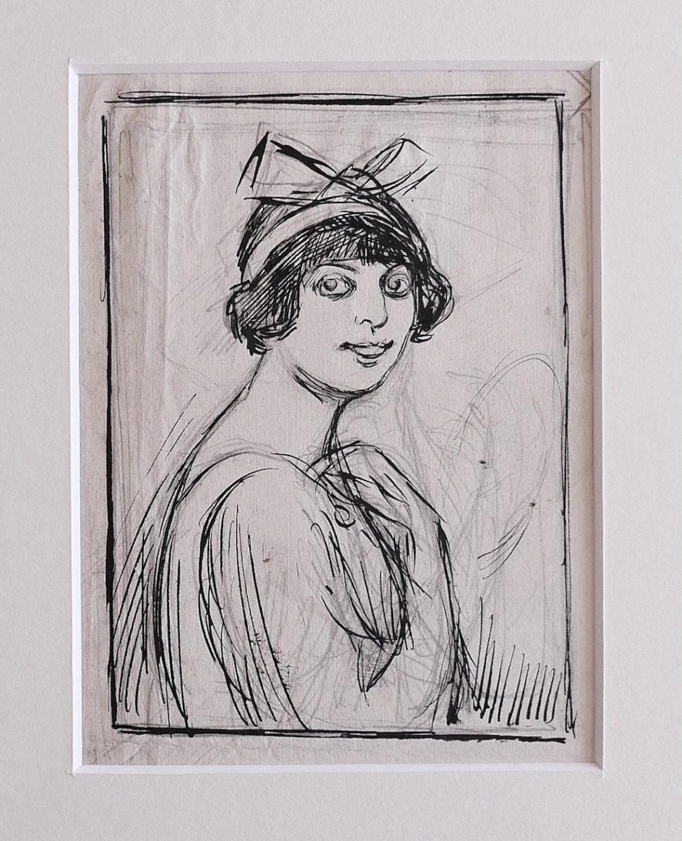 Porträt - Original Bleistift und Stift von Gabriele Galantara - 1909 im Angebot 1
