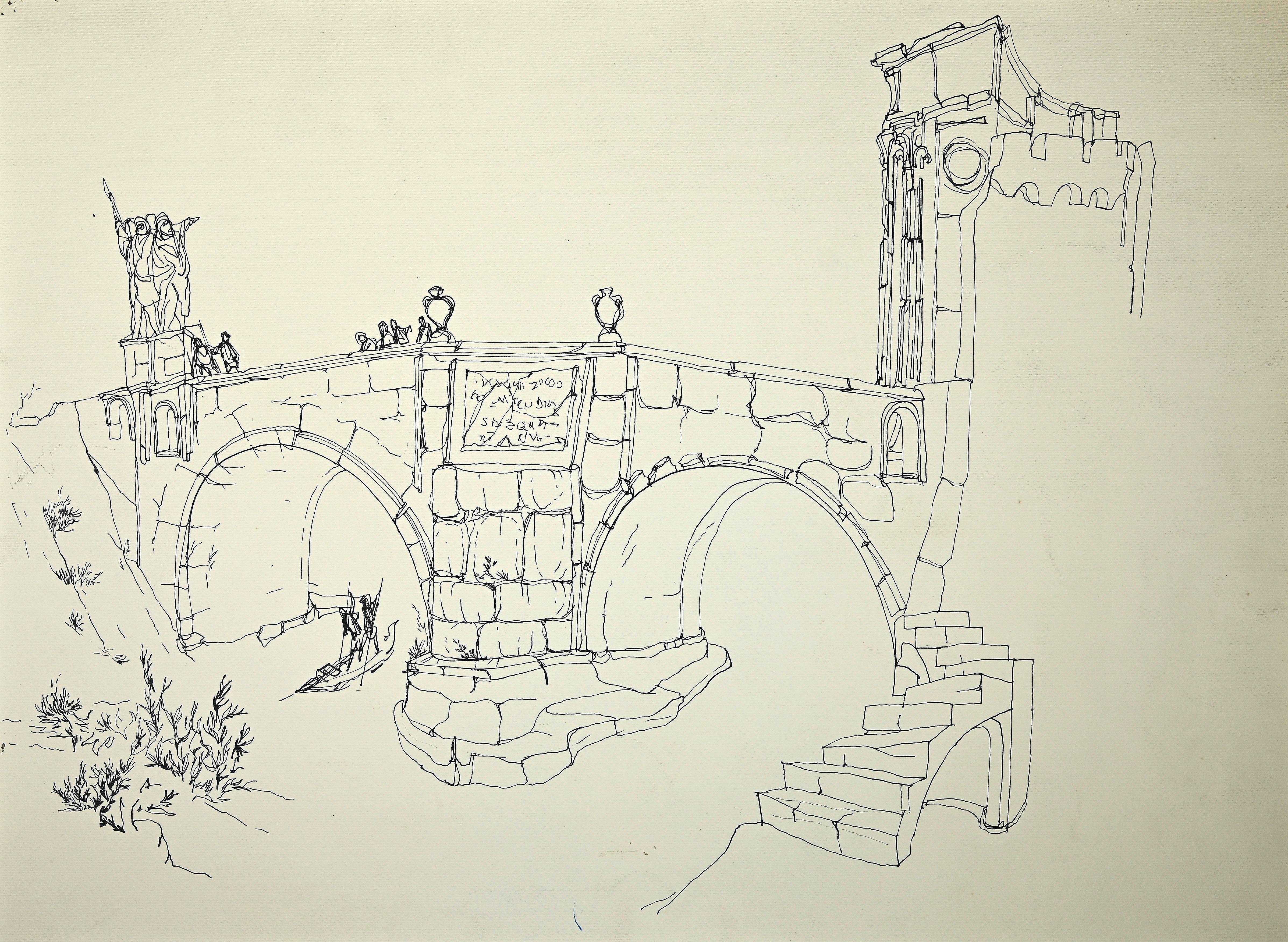 Rome, Ponte Milvio is an original pen drawing attribute to Giulio Zek, and realized in the early 1960s.

The artwork is in good conditions on a cream colored cardboard.

No signature.