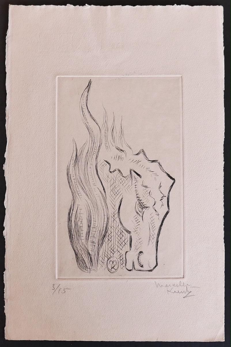 The Horse is an etching realized by Marcel Kurtz

Hand-signed in pencil, on the lower right. 

Numbered. Edition 3/15.

Good conditions.

The artwork represents the head of a horse through confident strokes and perfect hatchings.