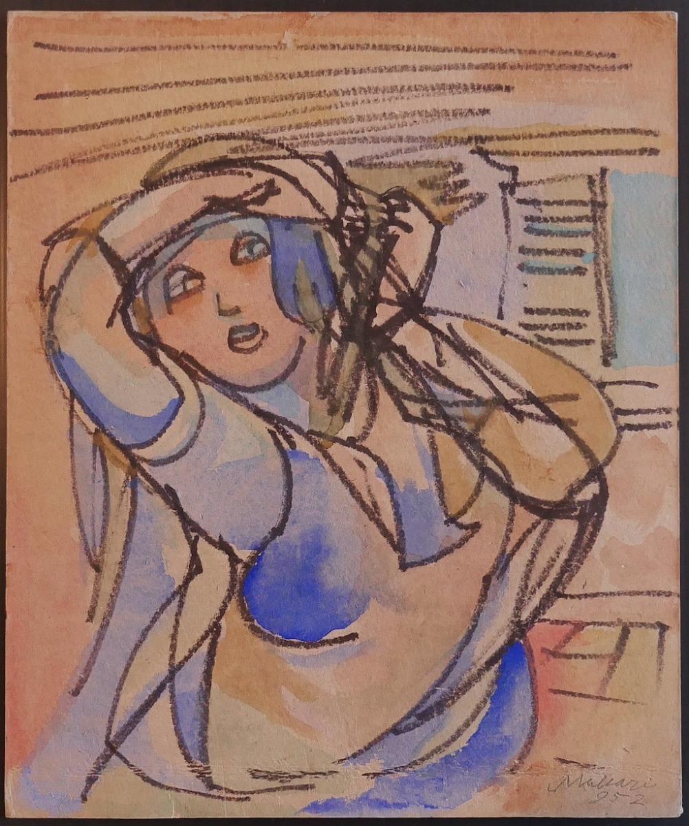 Woman is an original modern artwork realized in 1952 by the Italian artist Mino Maccari (Siena, 1898 - Rome, 1989).

Original drawing in Mixed media, charcoal and watercolor on paper.

Hand-signed on the lower right.

Good conditions except for aged