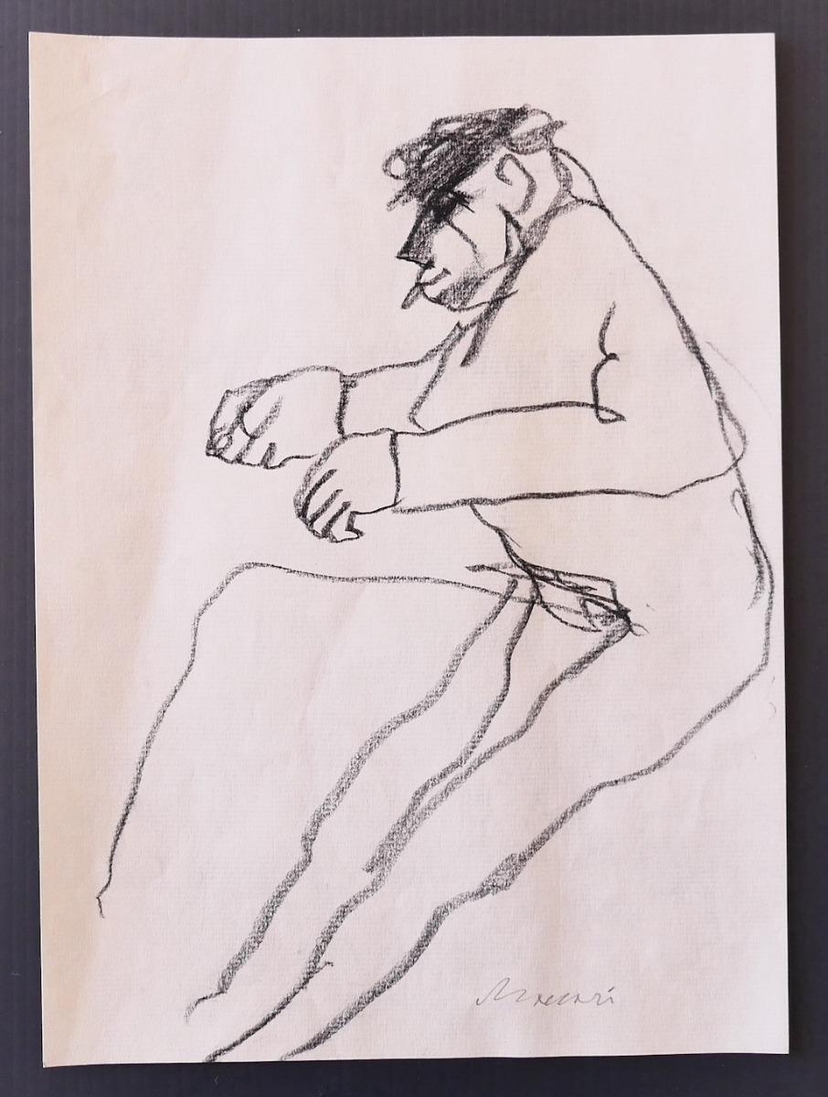 Figure - Drawing in Charcoal on Paper by Mino Maccari - 1960