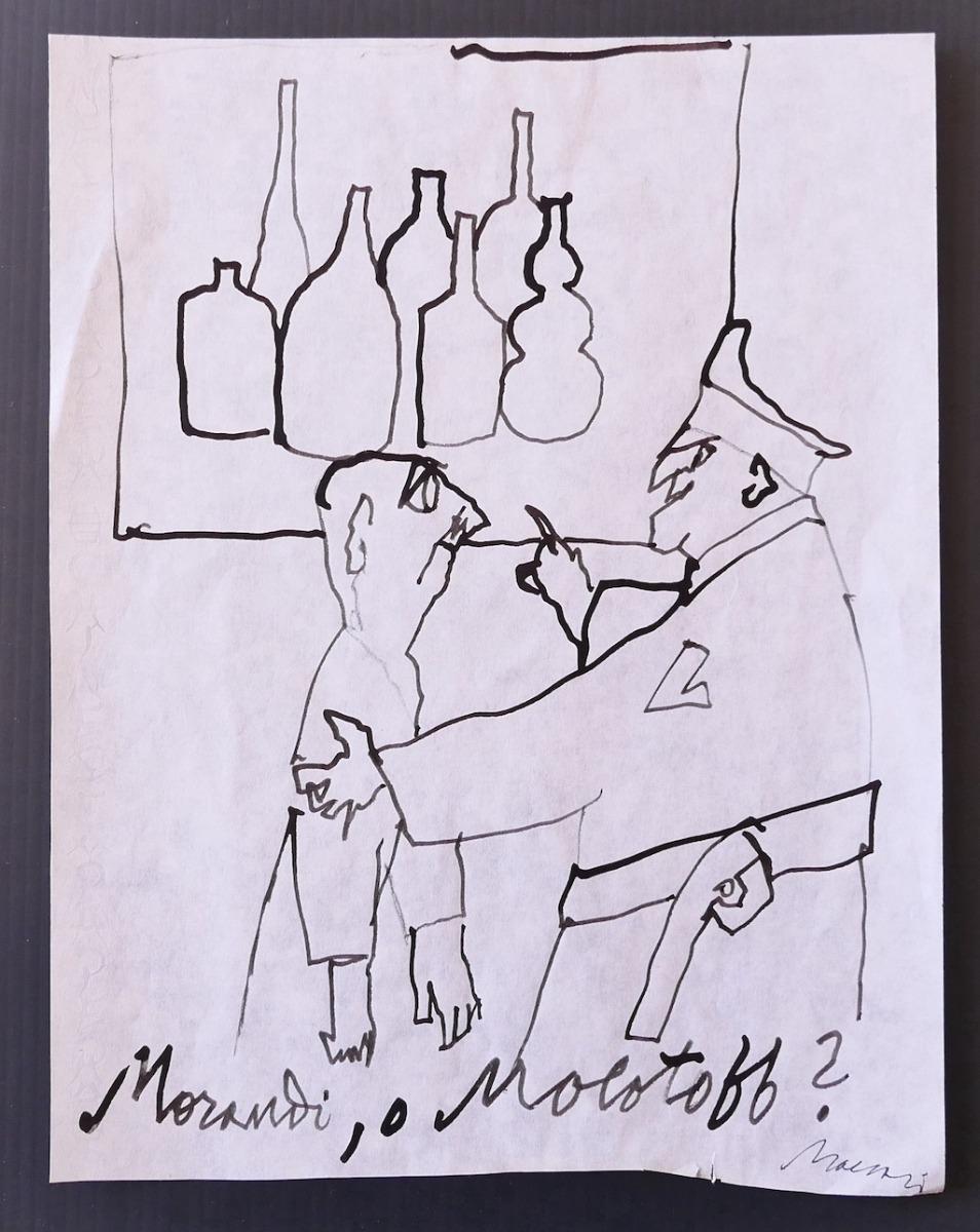 Morandi or Molotoff is an original modern artwork realized in the 1960s by the Italian artist Mino Maccari (Siena, 1898 - Rome, 1989).

Original pen drawing on Ivory paper. 

Hand-signed in pencil by the artist on the lower right corner: