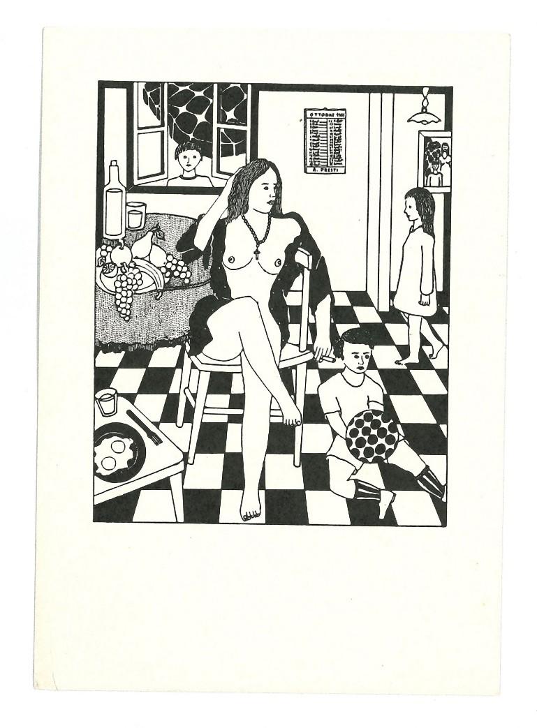 Model with Children is an original artwork realized by Antonio Presti.

Woodcut print on paper.

Very good condition.

The scene represents a nude model and three children in the dining room of the house.