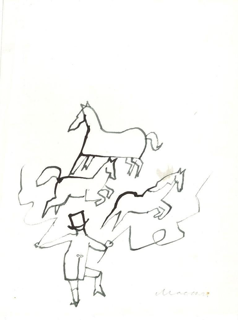 Tamer von Pferden – Aquarellzeichnung von Mino Maccari – 1960, ca.