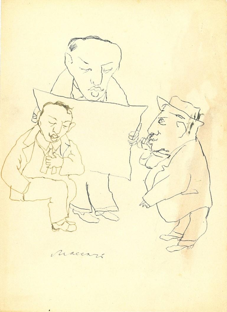 Otium - China Ink Drawing by Mino Maccari - 1960 ca.