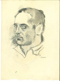 Smoking a Cigarette - Drawing by Mino Maccari - 1960s