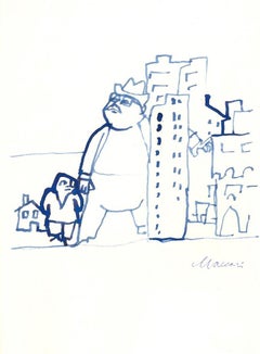 Vintage Urbanization - Watercolor Drawing by Mino Maccari - 1970s