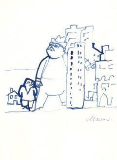 Urbanisation - Dessin à l'aquarelle de Mino Maccari - 1970