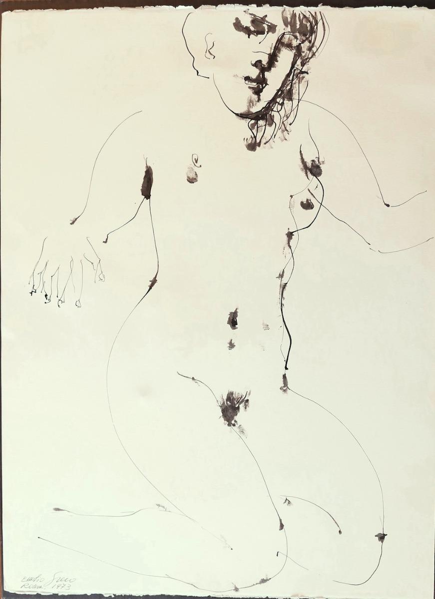 Nude ist eine Originalzeichnung in Tusche aus Porzellan, die 1973 von Emilio Greco realisiert wurde.

Handsigniert und datiert unten links.

In sehr gutem Zustand mit einigen kleinen Einrissen an den Rändern.

Emilio Greco  (Catania, 11. Ottobre