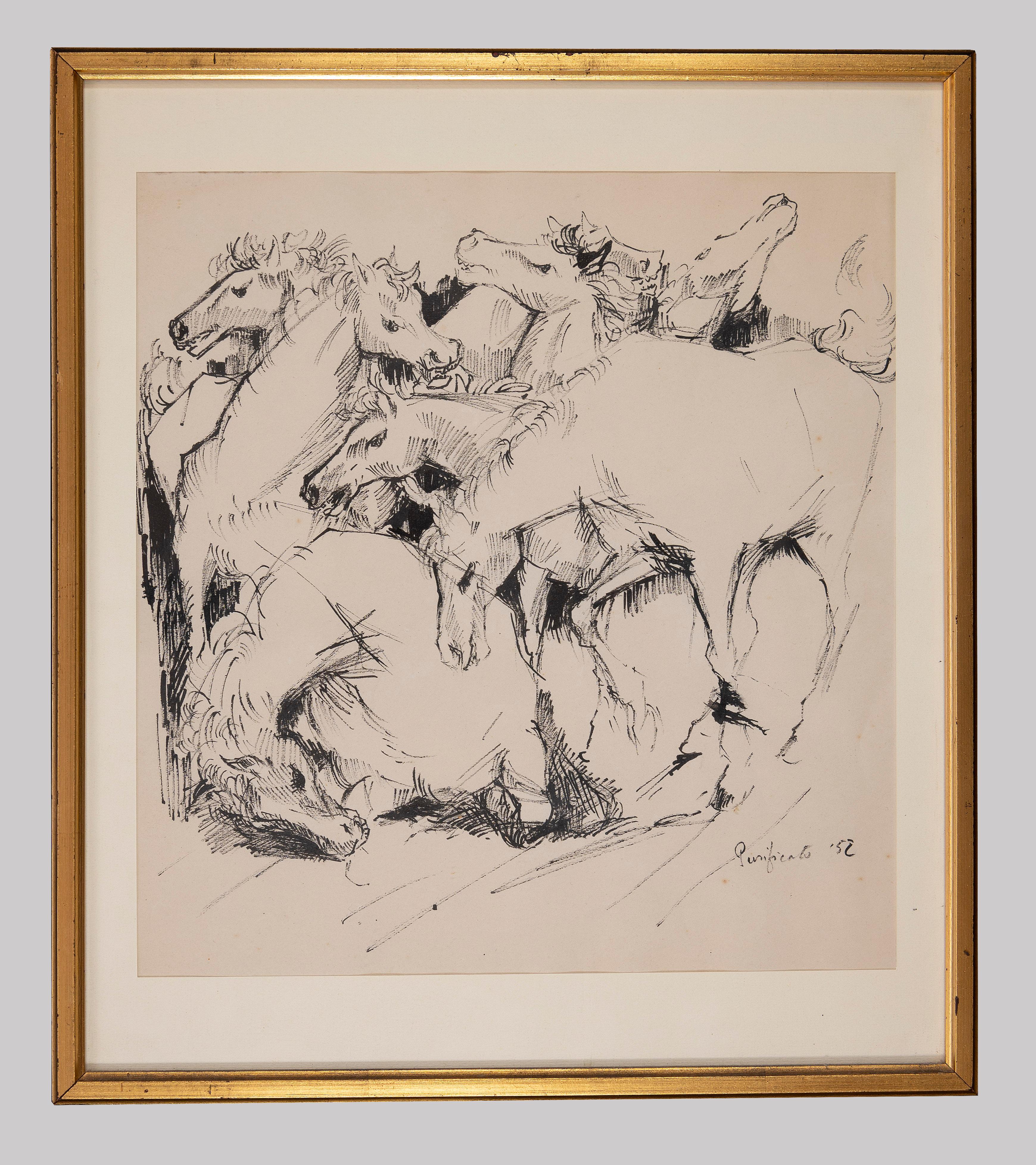 Horses - Drawing by Domenico Purificato - 1952