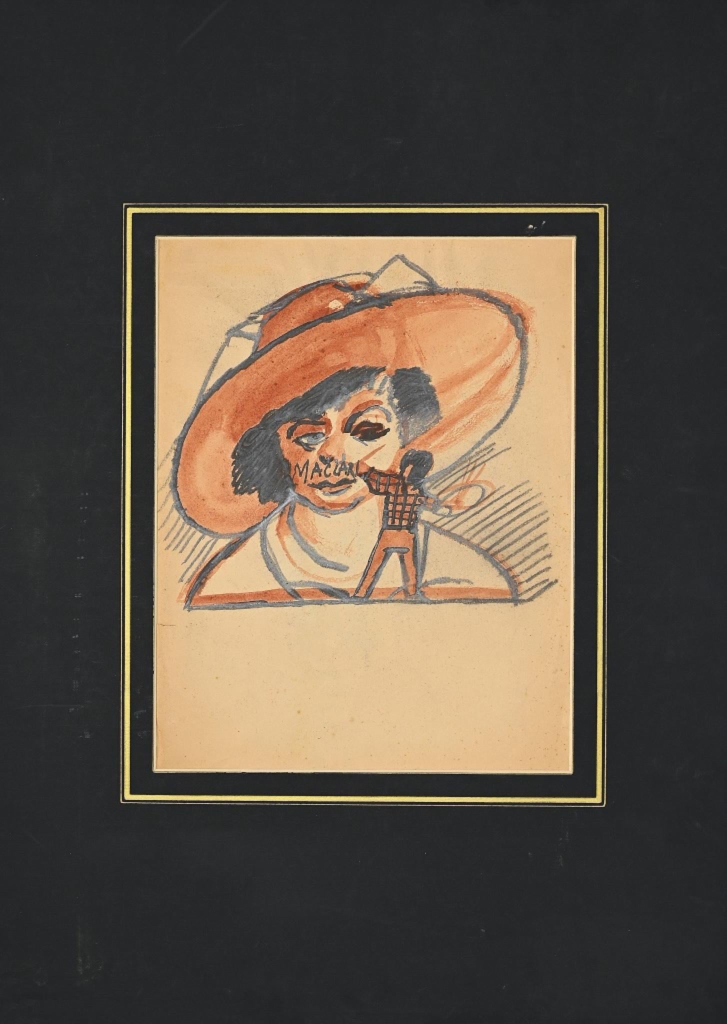 Benvenuto - Carboncino e acquerello di Mino Maccari - 1945 in vendita 1