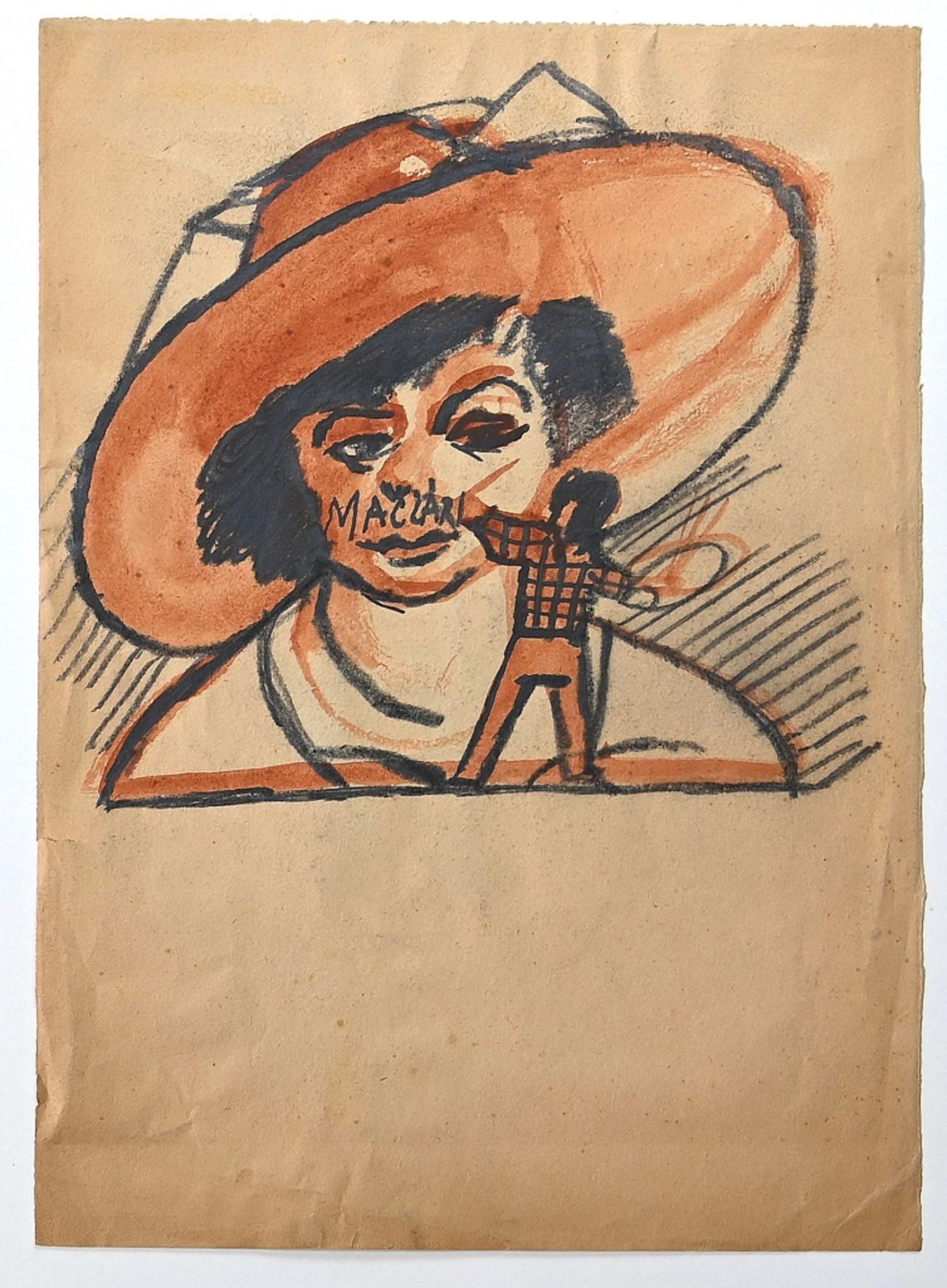 Welcome is an original charcoal drawing and watercolor realized by Mino Maccari in 1945.

The beautiful artwork is in good conditions on a brown paper, mounted on a black cardboard passpartout (62x45.5).  

Image Dimensions: 35x25.2 cm.

Mino