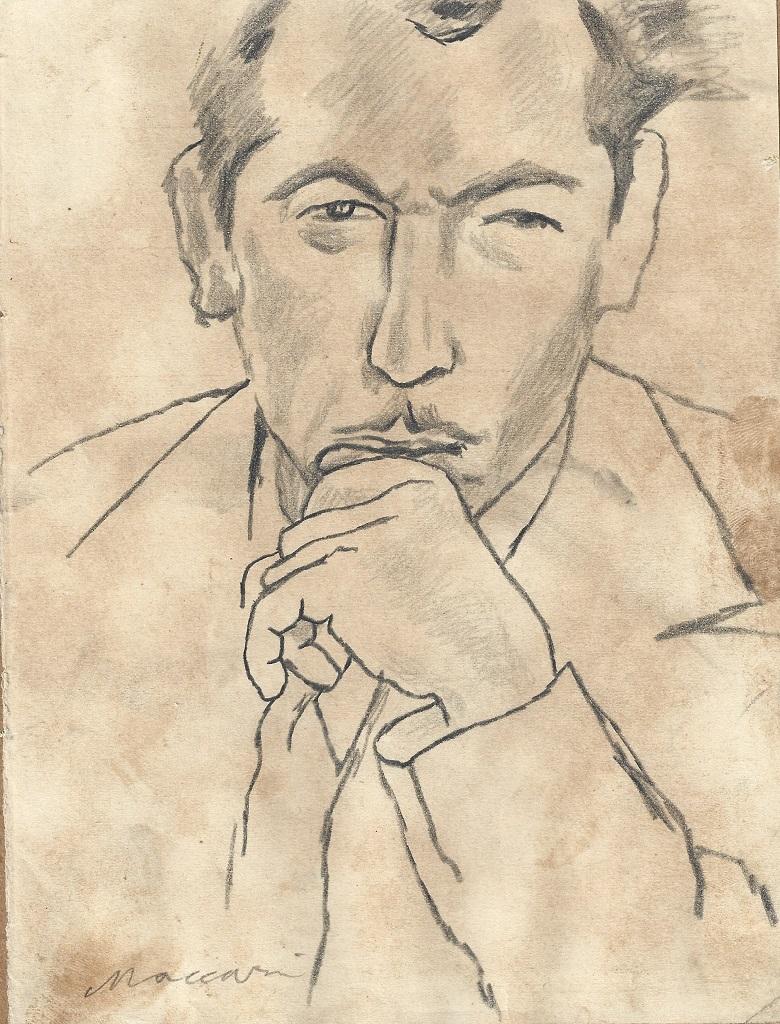 Uomo che riflette è un disegno originale a matita su carta, realizzato intorno agli anni Settanta dal grande artista e giornalista italiano Mino Maccari (Siena, 1898 - 1989).

Disegno a matita (grafite) su carta color avorio. Il foglio originale è