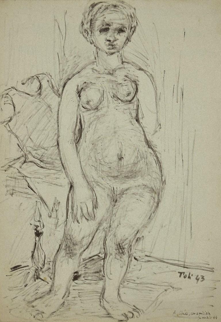 Nudità di donna è un originale  disegno a inchiostro di china realizzato da Toti Scialoja, nato Antonio Scialoja (Roma, 1914 - 1914).  1998) nel 1943.

Le condizioni del dipinto sono eccellenti, a parte la parte superiore del retro che è un po'